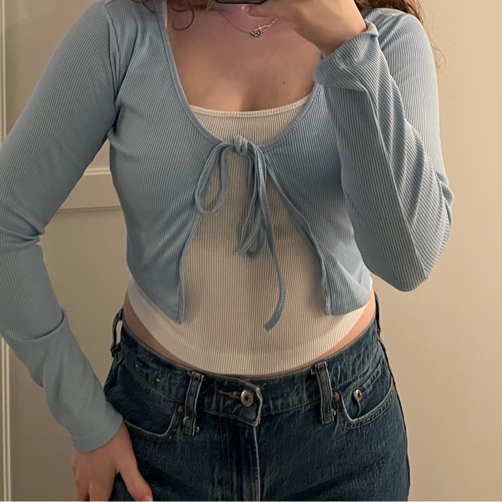 Light Blue Tie-Front Ribbed Long-Sleeve Top